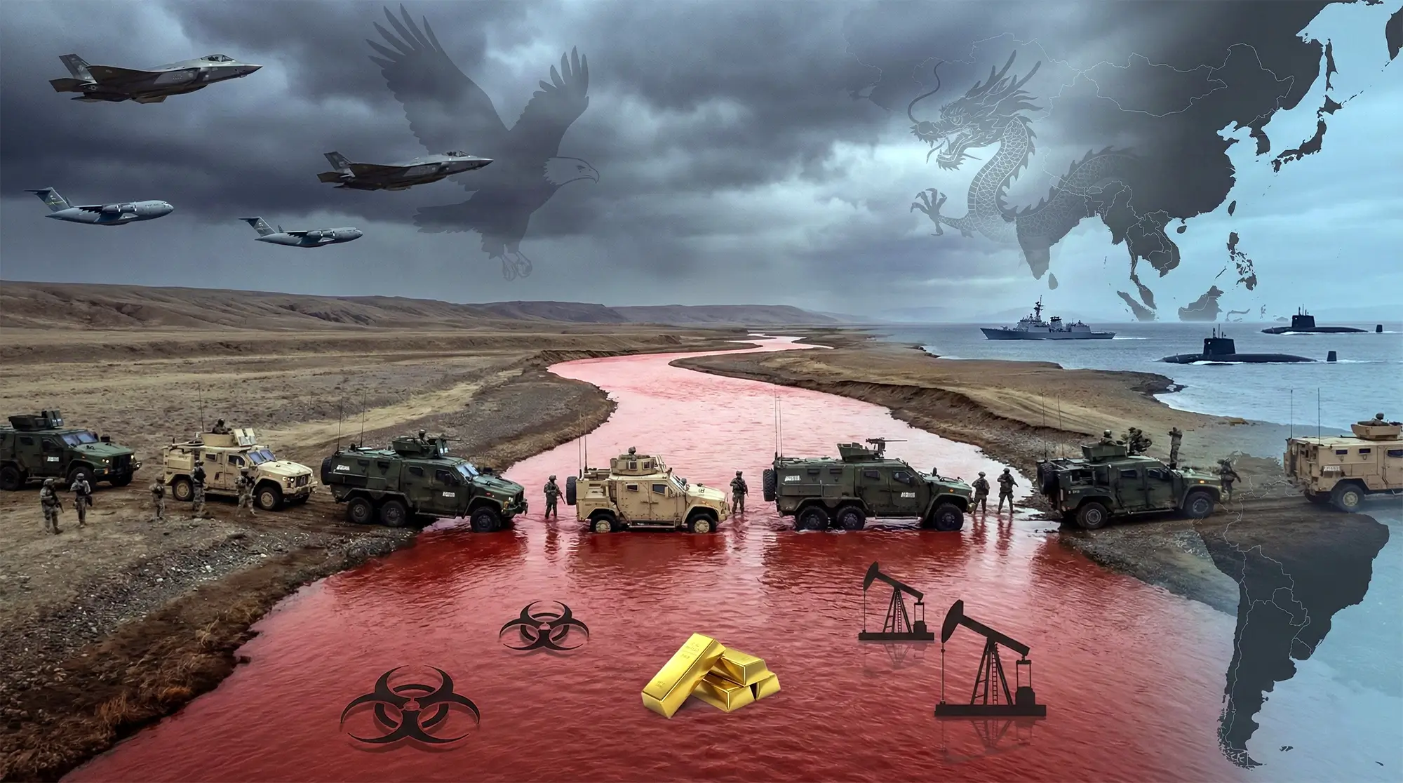 강대국들 군사가 루비콘 강을 건너는 모습을 연출한 이미지